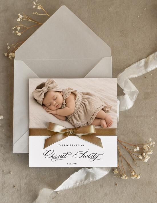 ZAPROSZENIA NA CHRZCINY dla dziewczynki  Boho Złocone Zaproszenie na Chrzest w folderze, Eleganckie Zaproszenia na Chrzciny ze Zdjęciem  01/kwzdj/ChrzZ