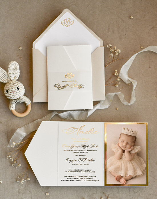 ZAPROSZENIA NA CHRZCINY dla dziewczynki  Złocone Zaproszenie na Chrzest, Eleganckie Zaproszenia na Chrzciny ze Zdjęciem  01/zprfl/zChrz