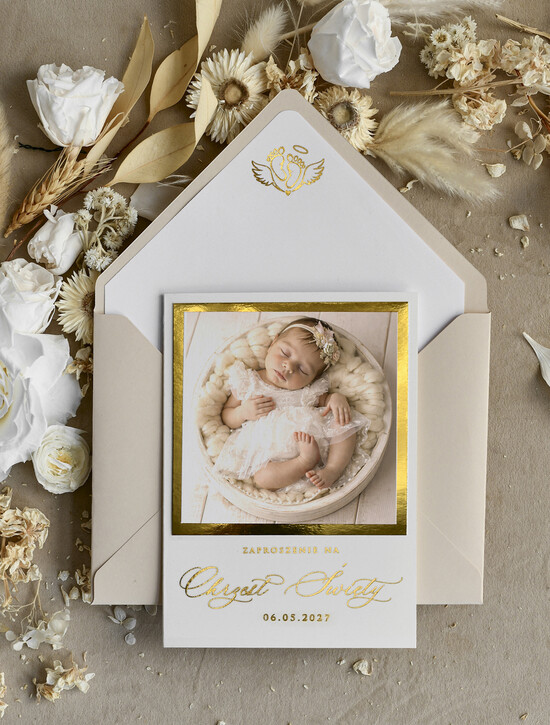 ZAPROSZENIA NA CHRZCINY dla dziewczynki  Złocone Zaproszenie na Chrzest, Eleganckie Zaproszenia na Chrzciny ze Zdjęciem  03/zpr/ChrzZ