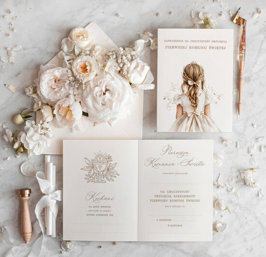 Gotowe zaproszenia na Komunię  dla dziewczynki Eleganckie zaproszenia na Pierwszą Komunię Świętą do samodzielnego wypełnienia w zestawie z kopertą 01/dzDW/KomZ
