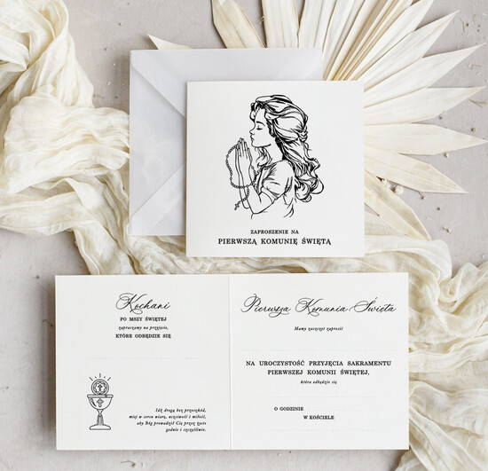 Gotowe zaproszenia na Komunię  dla dziewczynki Eleganckie zaproszenia na Pierwszą Komunię Świętą do samodzielnego wypełnienia w zestawie z kopertą 02/dzDW/KomZ