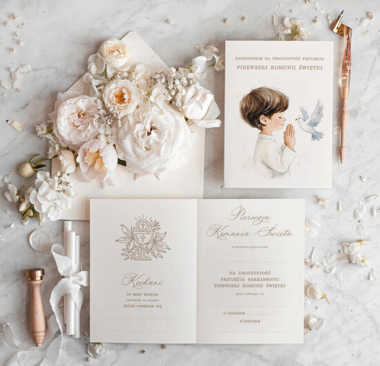 Gotowe zaproszenia na Komunię  dla chłopca Eleganckie zaproszenia na Pierwszą Komunię Świętą do samodzielnego wypełnienia w zestawie z kopertą 01/chDW/KomZ