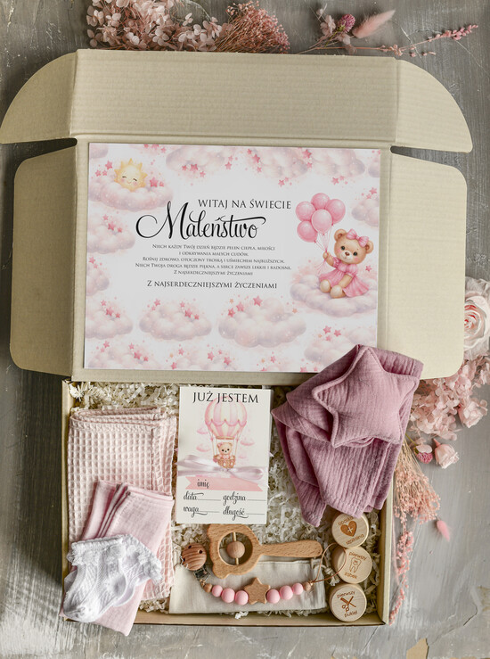 prezent dla Malucha - Wyprawka duze boxy preznetowe dla noworodka  Prezent dla Noworodka Witaj Świecie - Wyprawka Niemowlę Baby Shower gryzak pieluszka Skarpetki Misie 07/boxRoz/boxNowoR