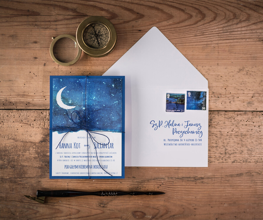 Zaproszenia ślubne morskie / marine nowoczesne niebieskie zaproszenia ślubne z motywem nocnego nieba2