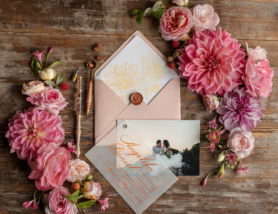 Zaproszenia ślubne Ze zdjęciem  rustykalne zaproszenia ślubne ze zdjęciem złocone zaproszenie na ślub cywilny i nie tylko  złote kwiaty boho3