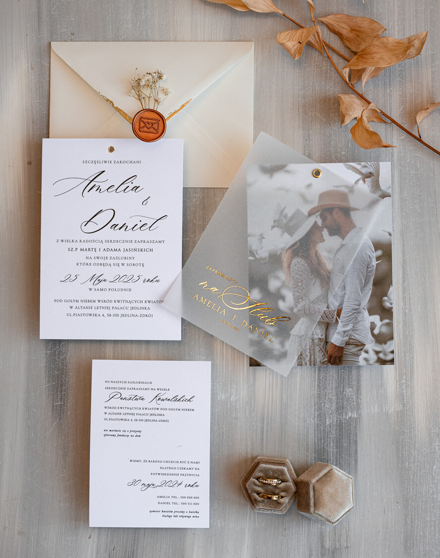 Zaproszenia ślubne Ze zdjęciem  Eleganckie Złocone zaproszenia ślubne ze zdjęciem foto zaproszenie na ślub Złote Litery Proste Zaprosznie na ślub z Waszym Zdjęciem Zaproszenia na ślub z fotografią idealne na Pamiątkę dla gości0