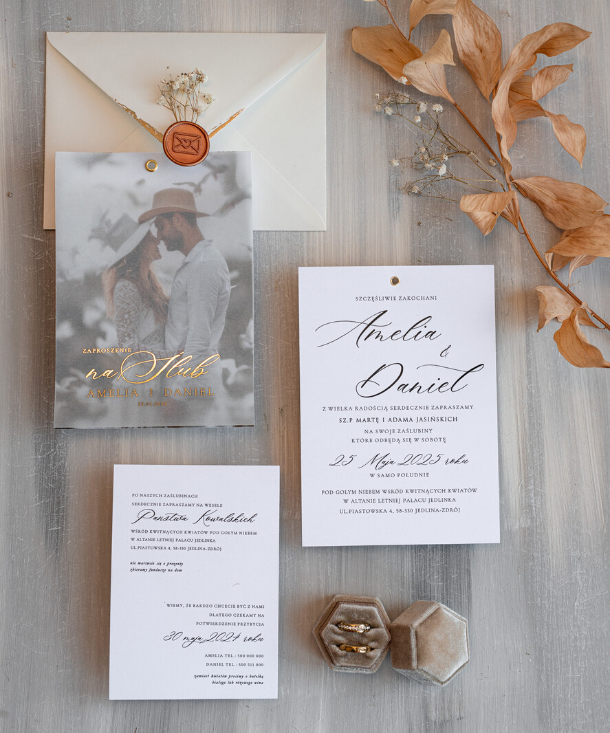 Zaproszenia ślubne Ze zdjęciem  Eleganckie Złocone zaproszenia ślubne ze zdjęciem foto zaproszenie na ślub Złote Litery Proste Zaprosznie na ślub z Waszym Zdjęciem Zaproszenia na ślub z fotografią idealne na Pamiątkę dla gości7