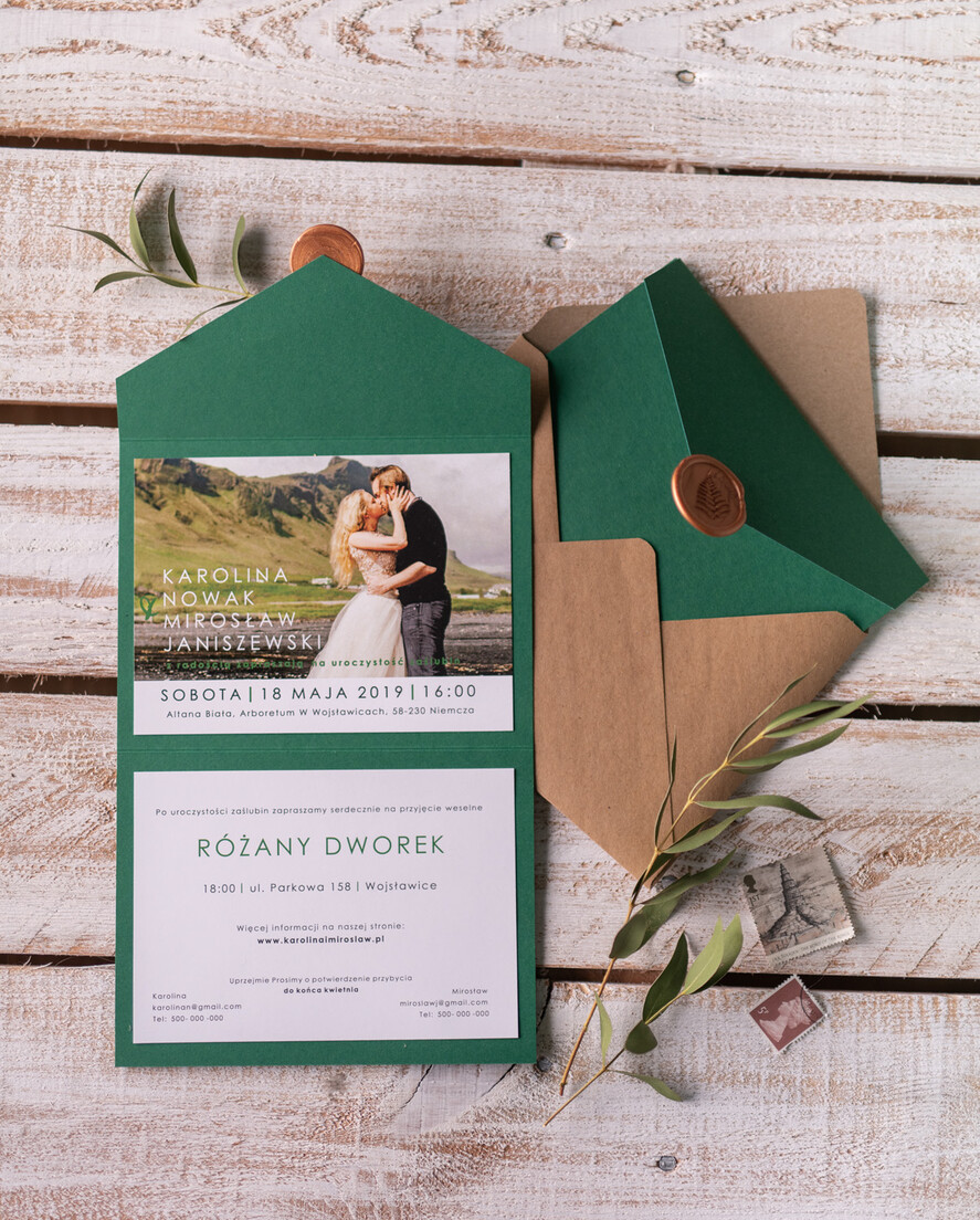 Zaproszenia ślubne Ze zdjęciem  minimalistyczne zaproszenia ślubne ze zdjęciem Zielone  rustykalne foto zaproszenie na ślub cywilny butelkowa zieleń1