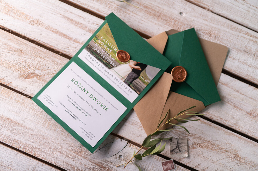 Zaproszenia ślubne Ze zdjęciem  minimalistyczne zaproszenia ślubne ze zdjęciem Zielone  rustykalne foto zaproszenie na ślub cywilny butelkowa zieleń5