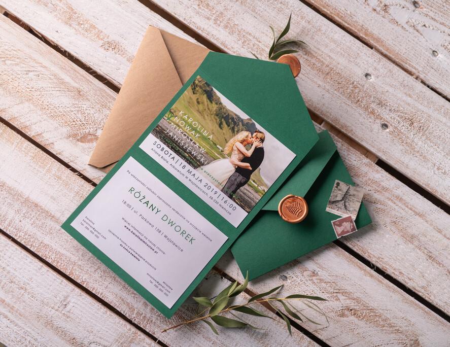 Zaproszenia ślubne Ze zdjęciem  minimalistyczne zaproszenia ślubne ze zdjęciem Zielone  rustykalne foto zaproszenie na ślub cywilny butelkowa zieleń7