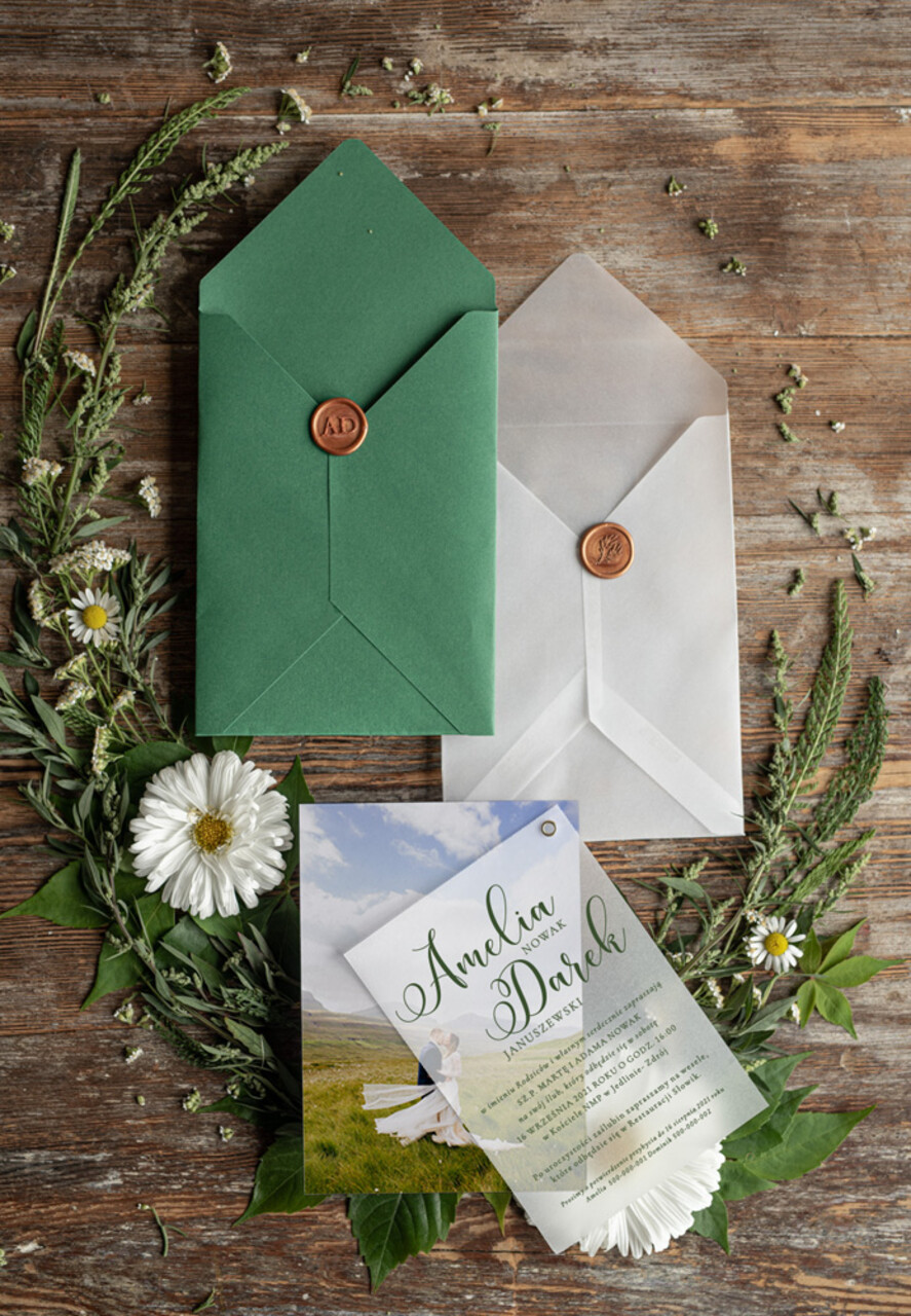 Zaproszenia ślubne Ze zdjęciem  zielone zaproszenia ślubne ze zdjęciem  zaproszenie na ślub cywilny i nie tylko koperta butelkowa zieleń 1