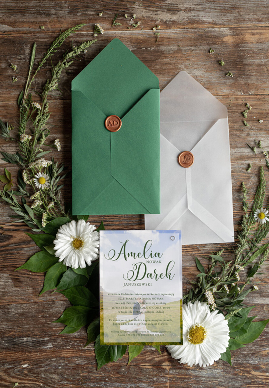 Zaproszenia ślubne Ze zdjęciem  zielone zaproszenia ślubne ze zdjęciem  zaproszenie na ślub cywilny i nie tylko koperta butelkowa zieleń 2