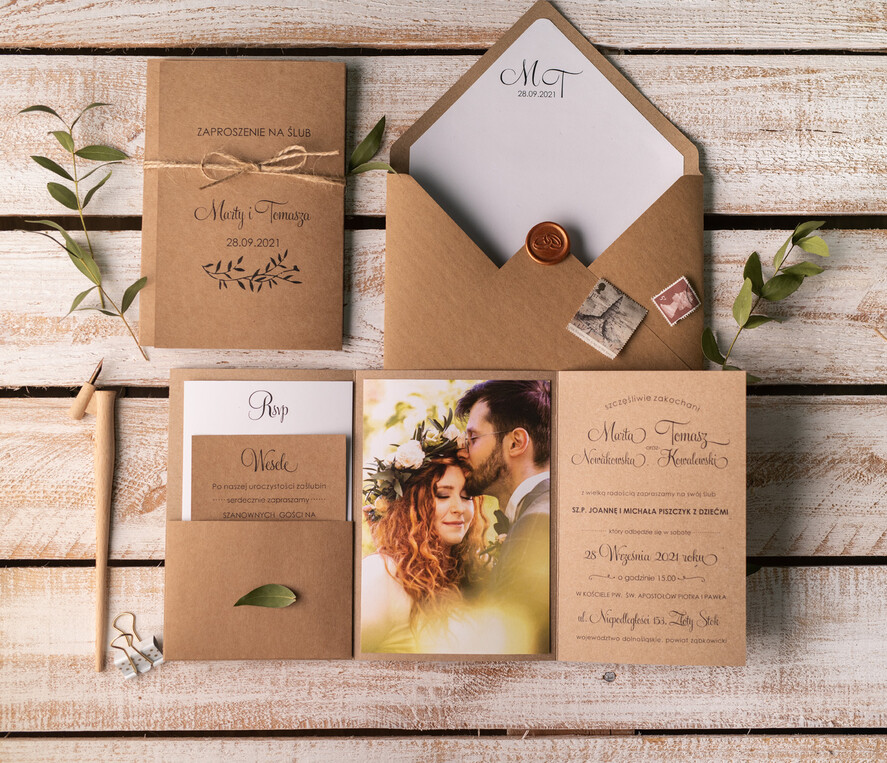 Zaproszenia ślubne Ze zdjęciem  rustykalne zaproszenia ślubne ze zdjęciem w folderze foto zaproszenie na ślub Składane Eko Zaproszenia na Ślub z Fotografią 5