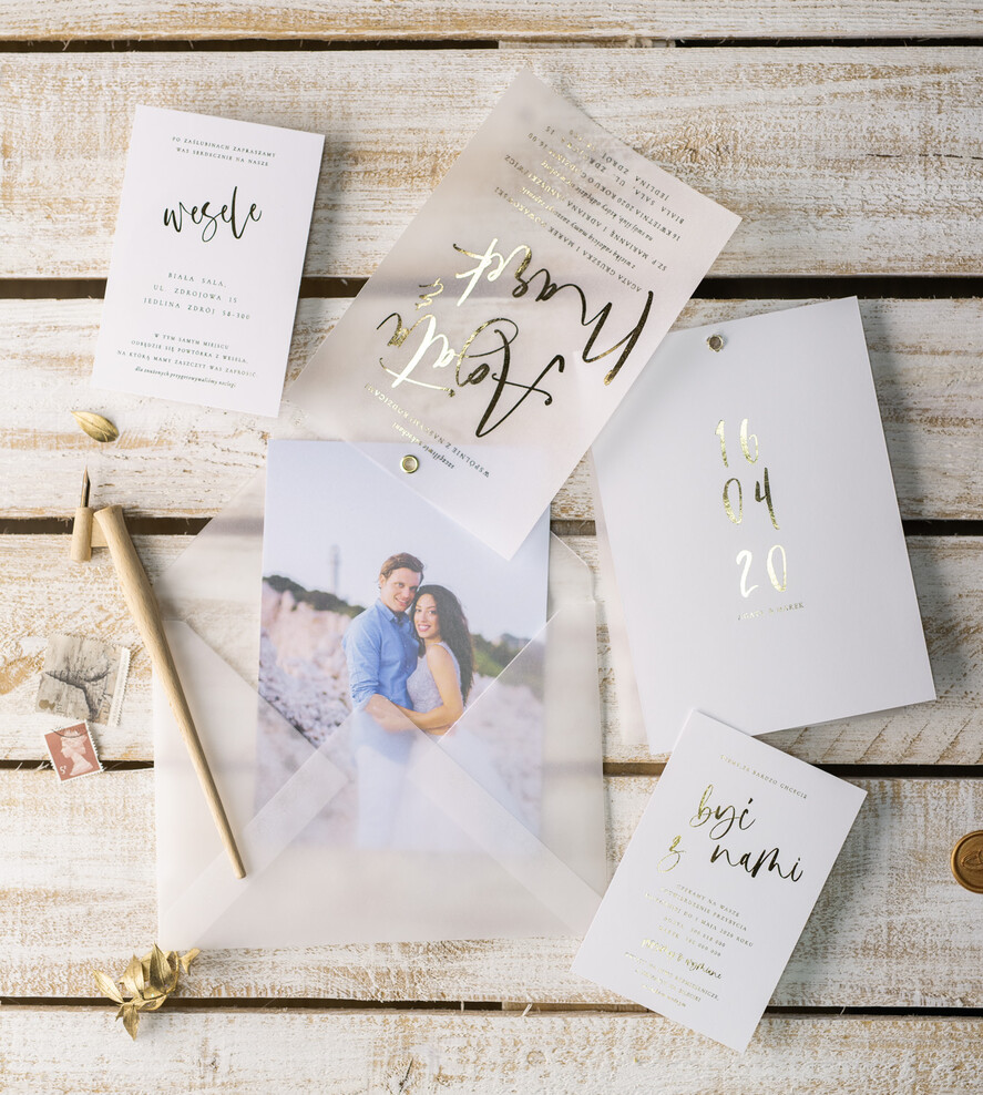 Zaproszenia ślubne Ze zdjęciem  Minimalistyczne Złocone zaproszenia ślubne ze zdjęciem foto zaproszenie na ślub Złote Litery9