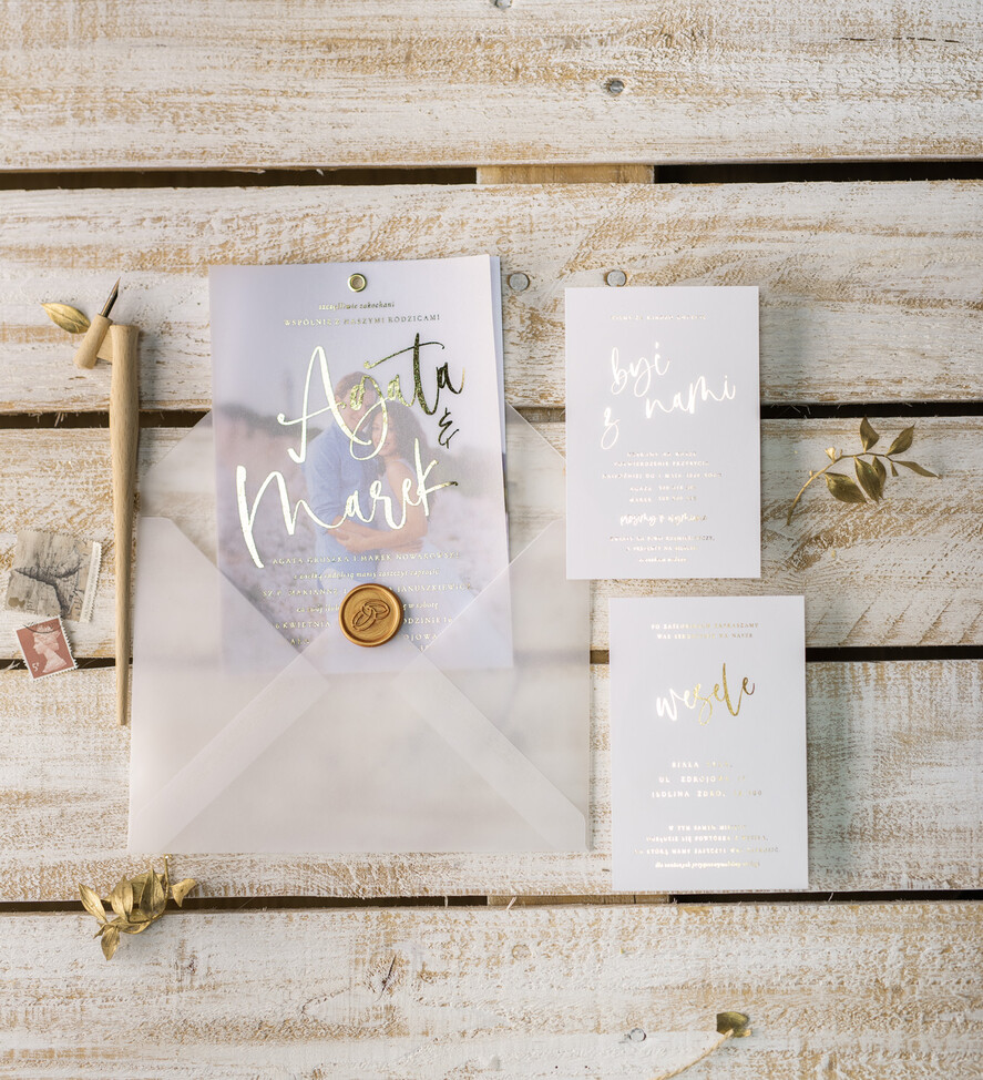 Zaproszenia ślubne Ze zdjęciem  Minimalistyczne Złocone zaproszenia ślubne ze zdjęciem foto zaproszenie na ślub Złote Litery3