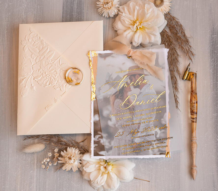 Zaproszenia ślubne Ze zdjęciem  niepowtarzalne zaproszenia ślubne ze zdjęciem, zaproszenia na ślub z płatkami złota, jedwabna wstążka na zaproszeniach ślubnych, tłoczona koperta 0