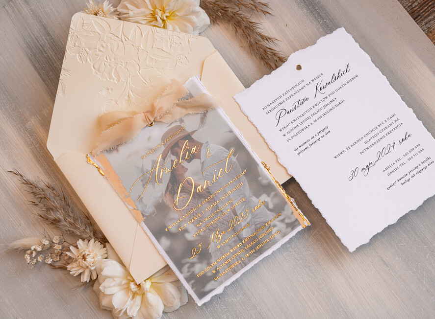Zaproszenia ślubne Ze zdjęciem  niepowtarzalne zaproszenia ślubne ze zdjęciem, zaproszenia na ślub z płatkami złota, jedwabna wstążka na zaproszeniach ślubnych, tłoczona koperta 9
