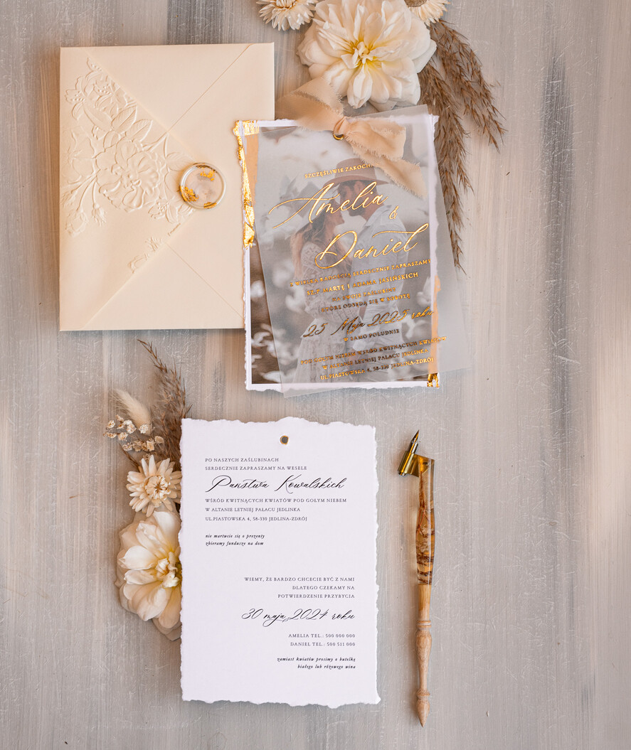 Zaproszenia ślubne Ze zdjęciem  niepowtarzalne zaproszenia ślubne ze zdjęciem, zaproszenia na ślub z płatkami złota, jedwabna wstążka na zaproszeniach ślubnych, tłoczona koperta 2
