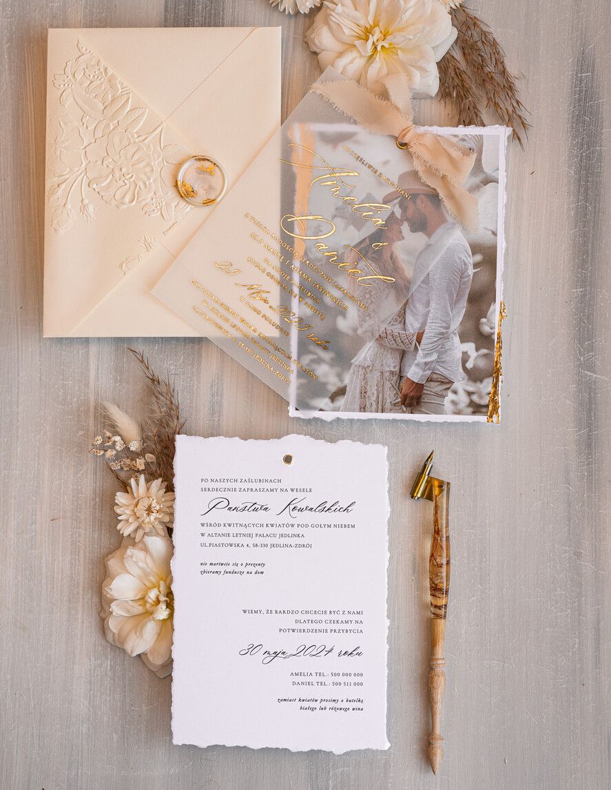 Zaproszenia ślubne Ze zdjęciem  niepowtarzalne zaproszenia ślubne ze zdjęciem, zaproszenia na ślub z płatkami złota, jedwabna wstążka na zaproszeniach ślubnych, tłoczona koperta 5