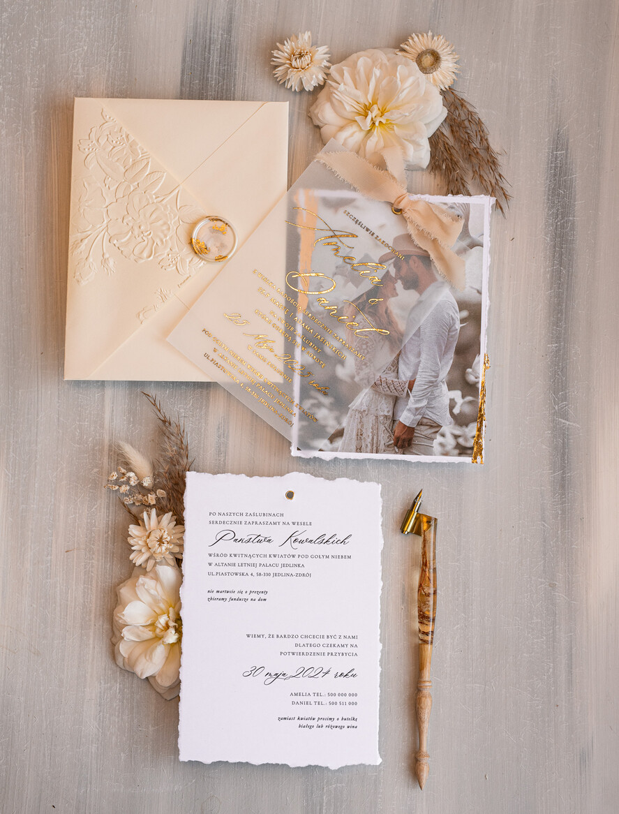 Zaproszenia ślubne Ze zdjęciem  niepowtarzalne zaproszenia ślubne ze zdjęciem, zaproszenia na ślub z płatkami złota, jedwabna wstążka na zaproszeniach ślubnych, tłoczona koperta 8
