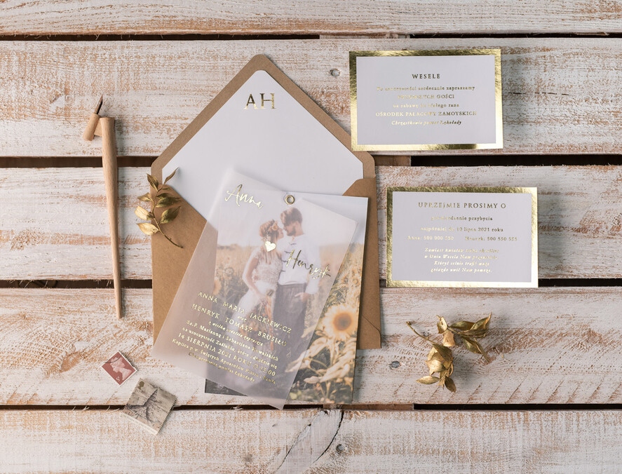 Zaproszenia ślubne Ze zdjęciem  Minimalistyczne Złocone zaproszenia ślubne ze zdjęciem foto zaproszenie na ślub Złote Litery i Wasze Fotki16