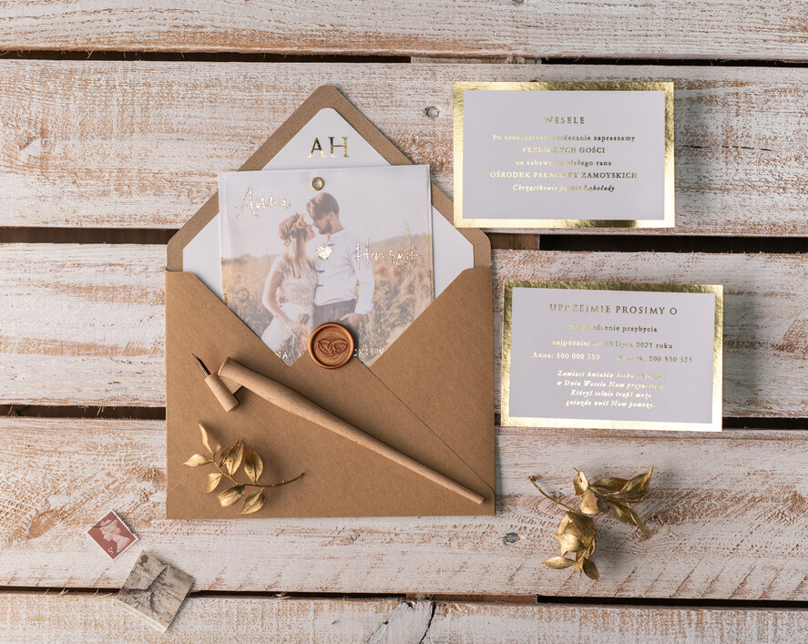Zaproszenia ślubne Ze zdjęciem  Minimalistyczne Złocone zaproszenia ślubne ze zdjęciem foto zaproszenie na ślub Złote Litery i Wasze Fotki18