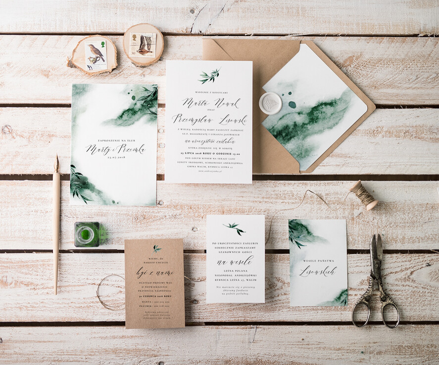 Zaproszenia ślubne Natura nietypowe zaproszenia ślubne wzór z motywem zieleni0
