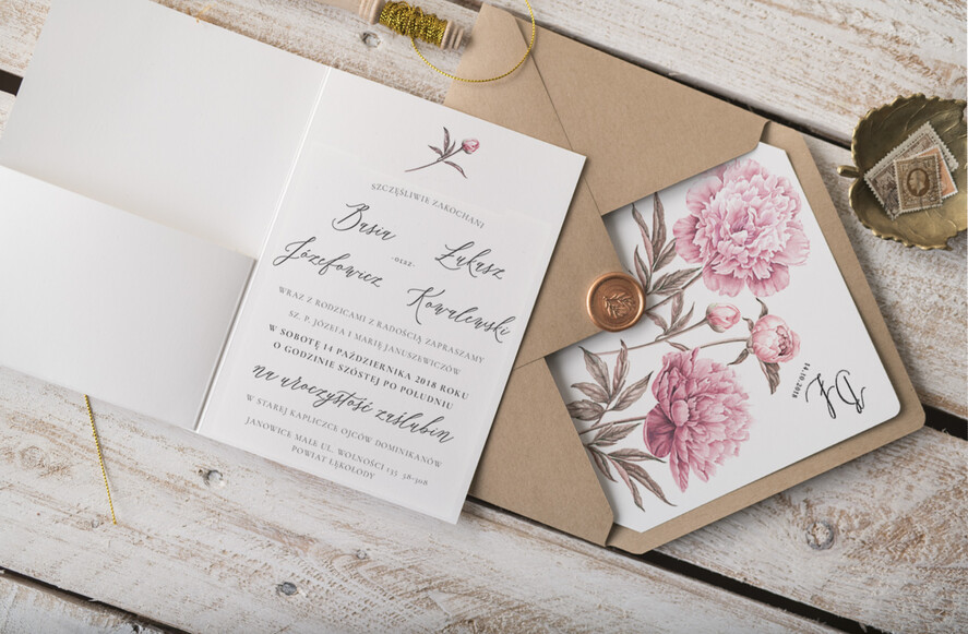 Zaproszenia ślubne Natura Rustykalne zaproszenia ślubne ręcznie robione peonie ekologiczna koperta oraz zloty sznureczek6