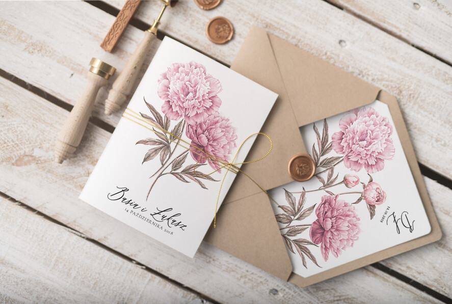Zaproszenia ślubne Natura Rustykalne zaproszenia ślubne ręcznie robione peonie ekologiczna koperta oraz zloty sznureczek8