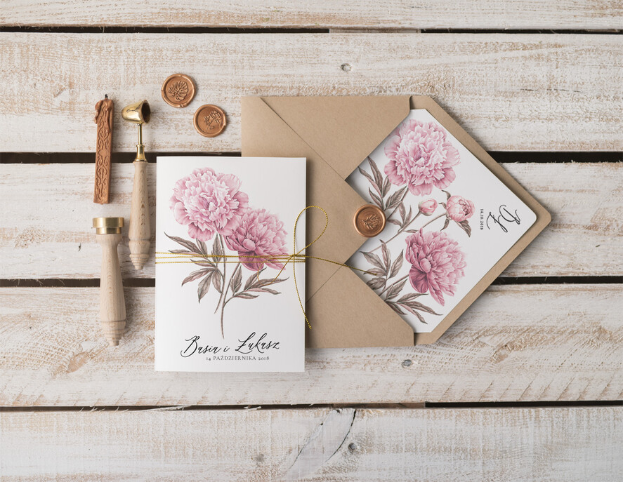 Zaproszenia ślubne Natura Rustykalne zaproszenia ślubne ręcznie robione peonie ekologiczna koperta oraz zloty sznureczek0
