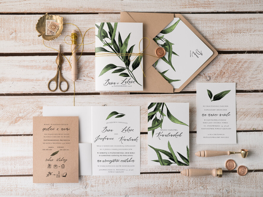 Zaproszenia ślubne Natura rustykalne zaproszenia slubne eukaliptus zaproszenia na ślub eko papier zloty sznurek0