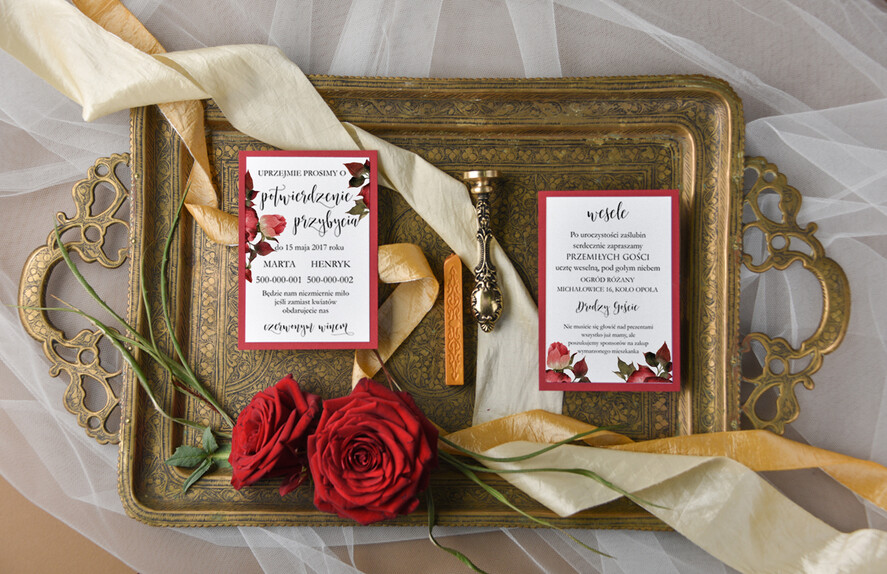 Zaproszenia ślubne Natura modne zaproszenia ślubne z bordowymi kwiatami4