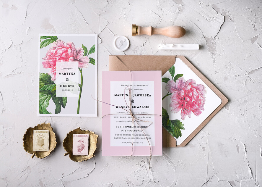 Zaproszenia ślubne Natura nietypowe, różowe zaproszenia ślubne z peonią2