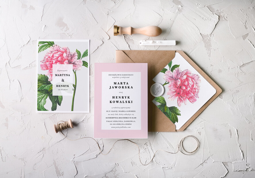 Zaproszenia ślubne Natura nietypowe, różowe zaproszenia ślubne z peonią3