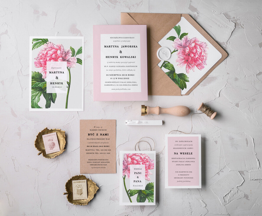 Zaproszenia ślubne Natura nietypowe, różowe zaproszenia ślubne z peonią6