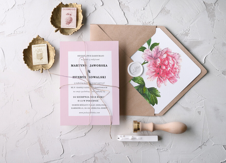 Zaproszenia ślubne Natura nietypowe, różowe zaproszenia ślubne z peonią0
