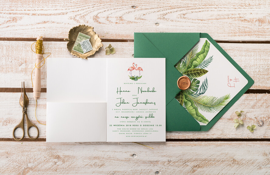 Zaproszenia ślubne Natura Zielone zaproszenia ślubne tropikanle - Szmaragdowe Zaproszenie na Ślub Monstera Tropiki Idealne na ślub żar tropików3