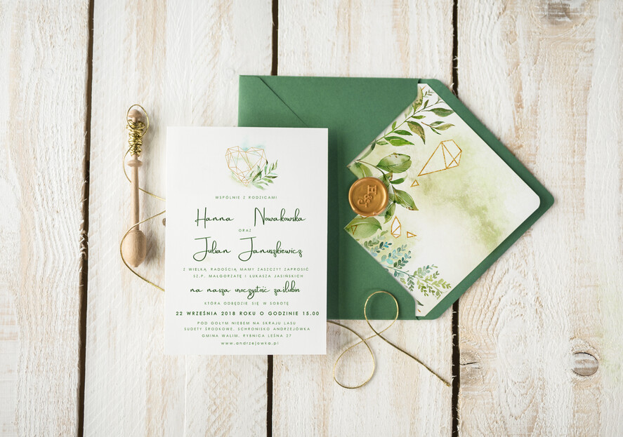 Zaproszenia ślubne Natura rustykalne zaproszenia ślubne geometryczne zaproszenia na ślub eukaliptus butelkowa zieleń1