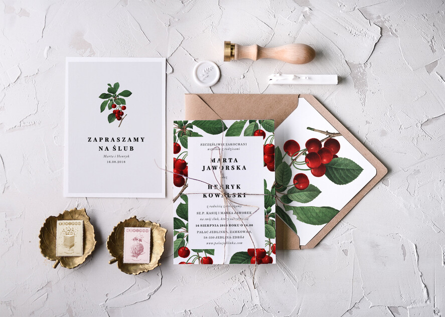 Zaproszenia ślubne Natura Proste Zaproszenia Ślubne Wisienki Zaproszenia na Ślub  Minimalistyczne Zaproszenie na Ślub Wiśnie1