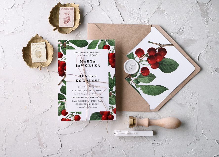 Zaproszenia ślubne Natura Proste Zaproszenia Ślubne Wisienki Zaproszenia na Ślub  Minimalistyczne Zaproszenie na Ślub Wiśnie4