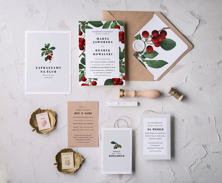 Zaproszenia ślubne Natura Proste Zaproszenia Ślubne Wisienki Zaproszenia na Ślub  Minimalistyczne Zaproszenie na Ślub Wiśnie0