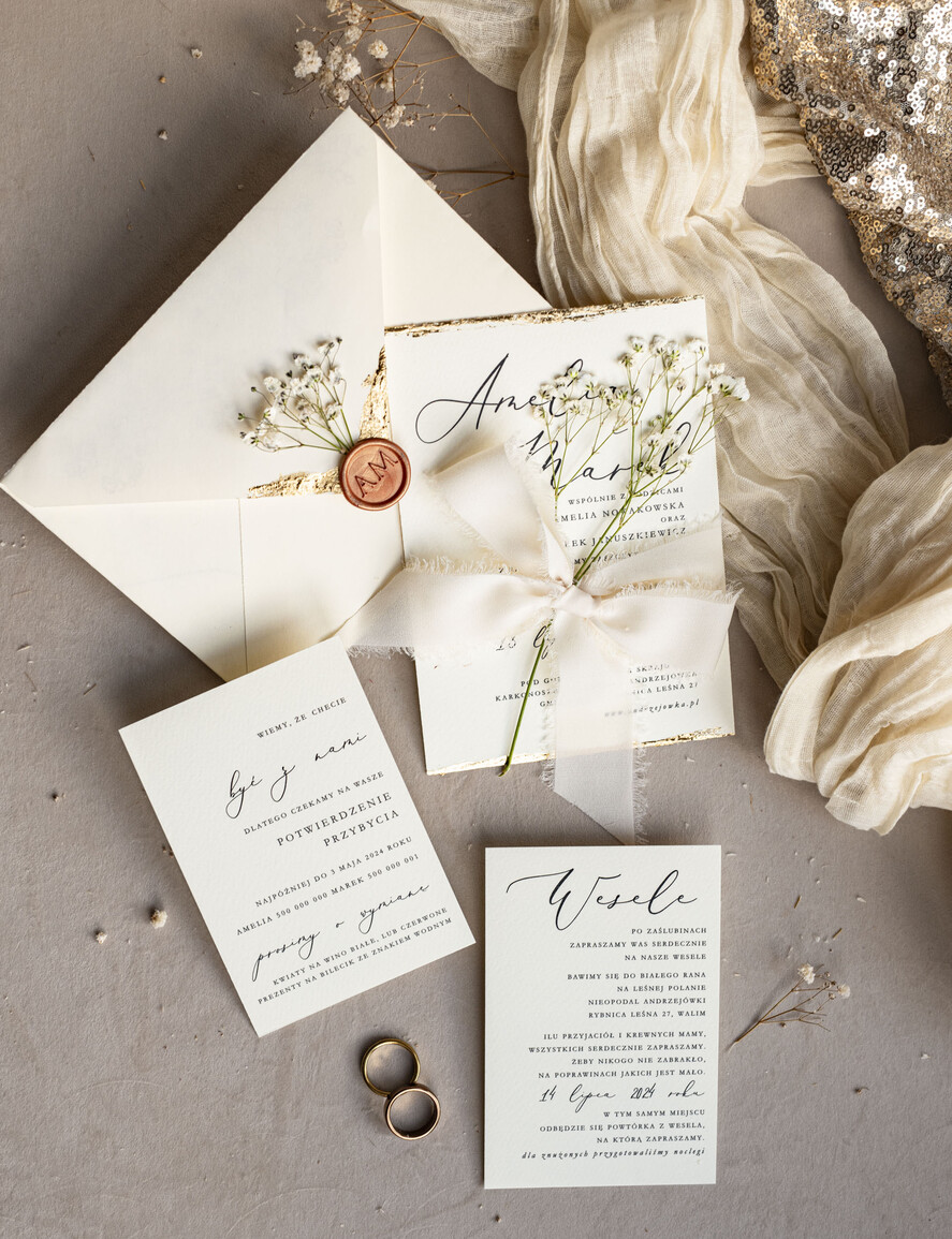 Zaproszenia ślubne Natura złocone zaproszenia ślubne Gipsówka naturalna zaproszenia na ślub, złote zaproszenie na ślub z suszoną gipsówką szyfonowa wstążka26