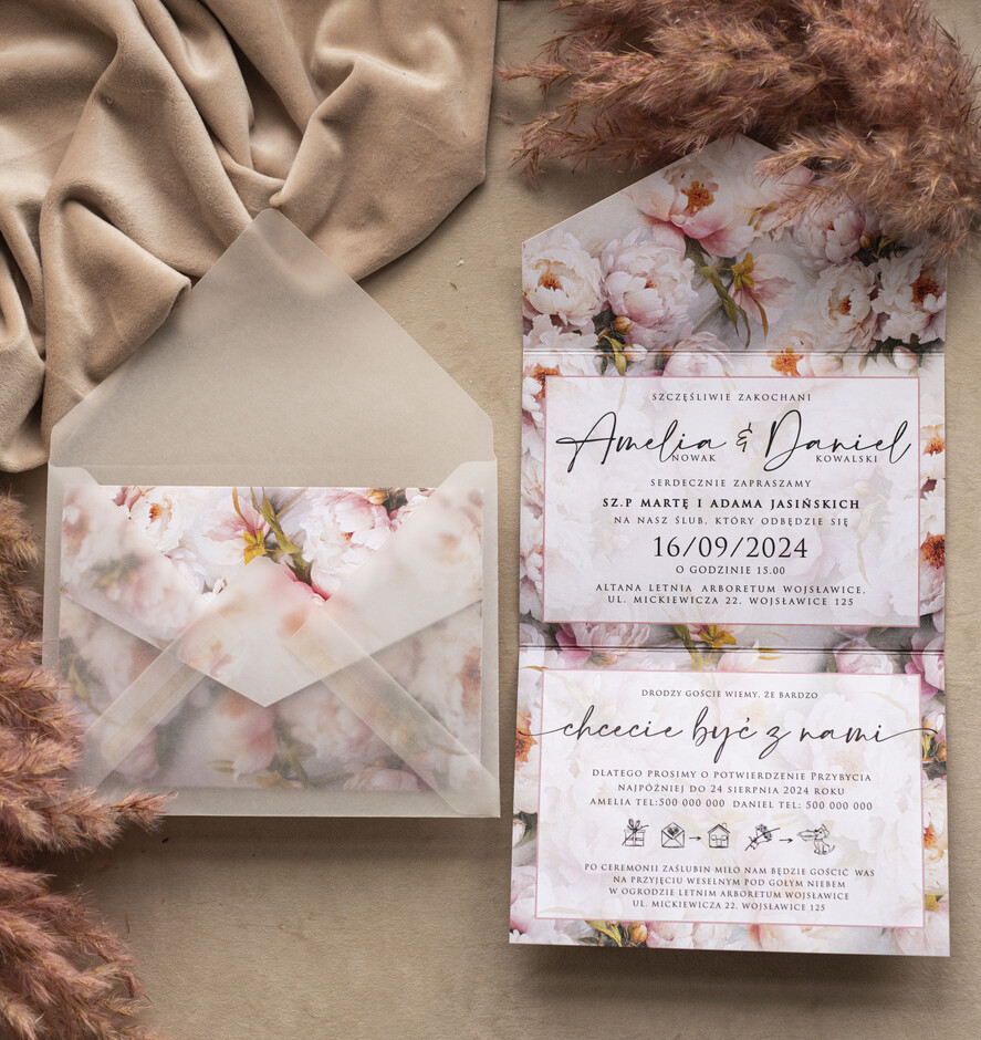 Zaproszenia ślubne Natura Poziome kopertowe zaproszenia ślubne z peoniami, Kopertowe różowe zaproszenie na ślub kalkowa koperta, zaproszenia na slub cywilny pudrowy róż2