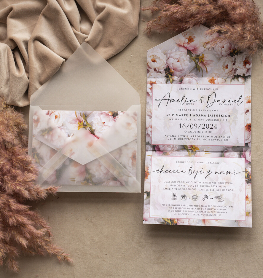Zaproszenia ślubne Natura Poziome kopertowe zaproszenia ślubne z peoniami, Kopertowe różowe zaproszenie na ślub kalkowa koperta, zaproszenia na slub cywilny pudrowy róż4