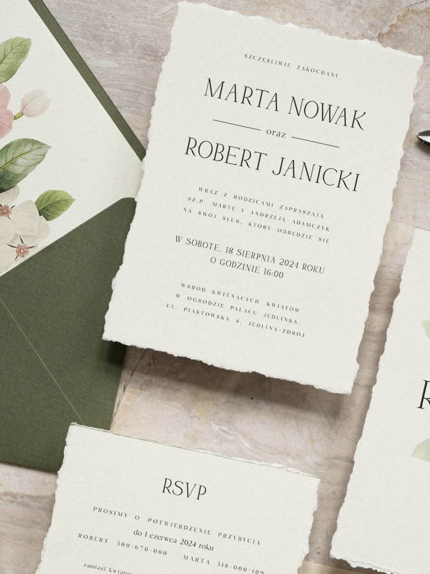 Zaproszenia ślubne Natura eleganckie zaproszenia ślubne, proste minimalistyczne zaproszenia na ślub, wydzierane krawędzie w zaproszeniach ślubnych, delikatne zaproszenia na ślub4