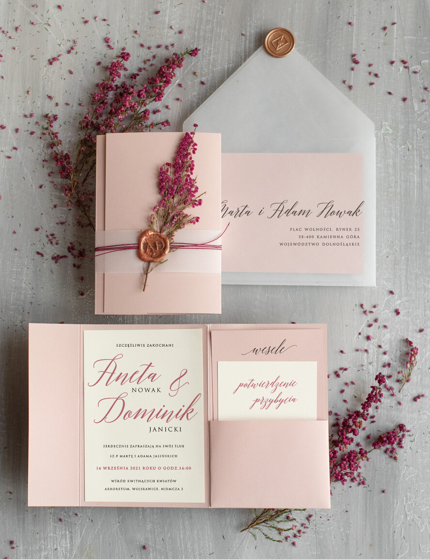 Zaproszenia ślubne Natura rustykalne Zaproszenia ślubne wrzosy naturalne Zaproszenie na ślub boho wrzos lakowany i kalkowa przeźroczysta koperta8