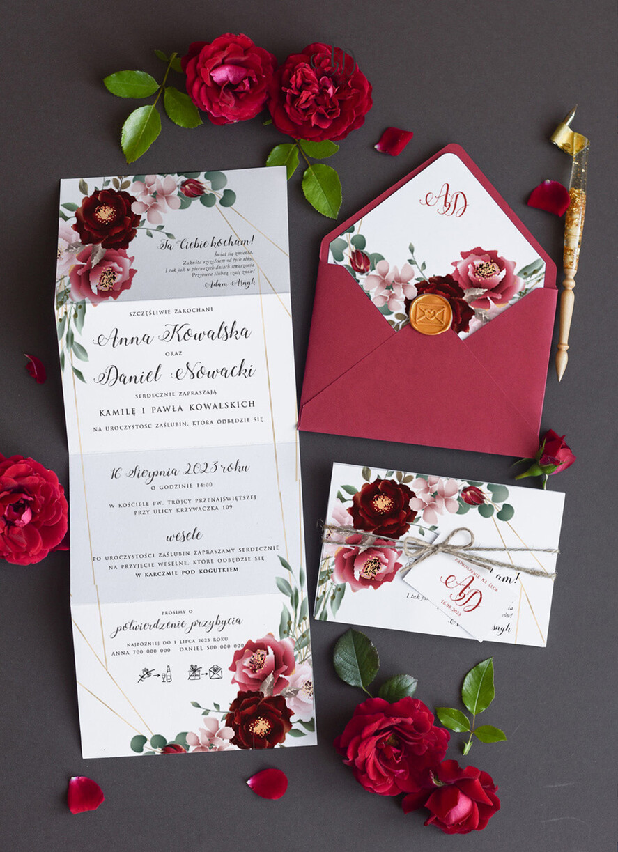 Zaproszenia ślubne Natura Proste Boho Zaproszenia Ślubne Kwiaty Róże  Minimalistyczne Zaproszenia na Ślub Delikatne Zaproszenie Ślubne bordowe0