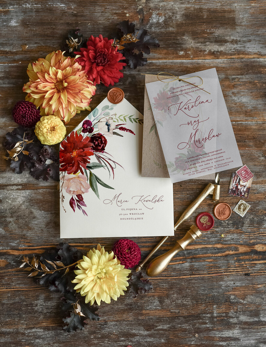 Zaproszenia ślubne Natura unikatowe bordowe zaproszenia ślubne z motywem botanicznym4