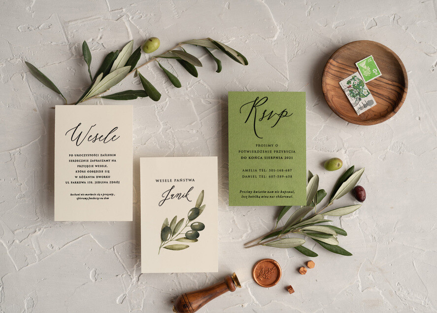 Zaproszenia ślubne Natura rustykalne zaproszenia ślubne Oliwki zaproszenia na ślub z naturalną Gałązką Oliwkową zielone zaproszenie na ślub Toskania Oliwka1