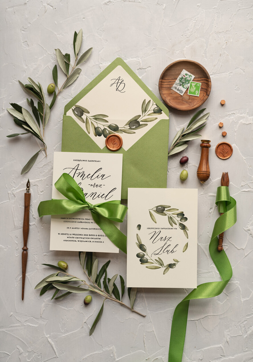 Zaproszenia ślubne Natura rustykalne zaproszenia ślubne Oliwki zaproszenia na ślub z naturalną Gałązką Oliwkową zielone zaproszenie na ślub Toskania Oliwka4